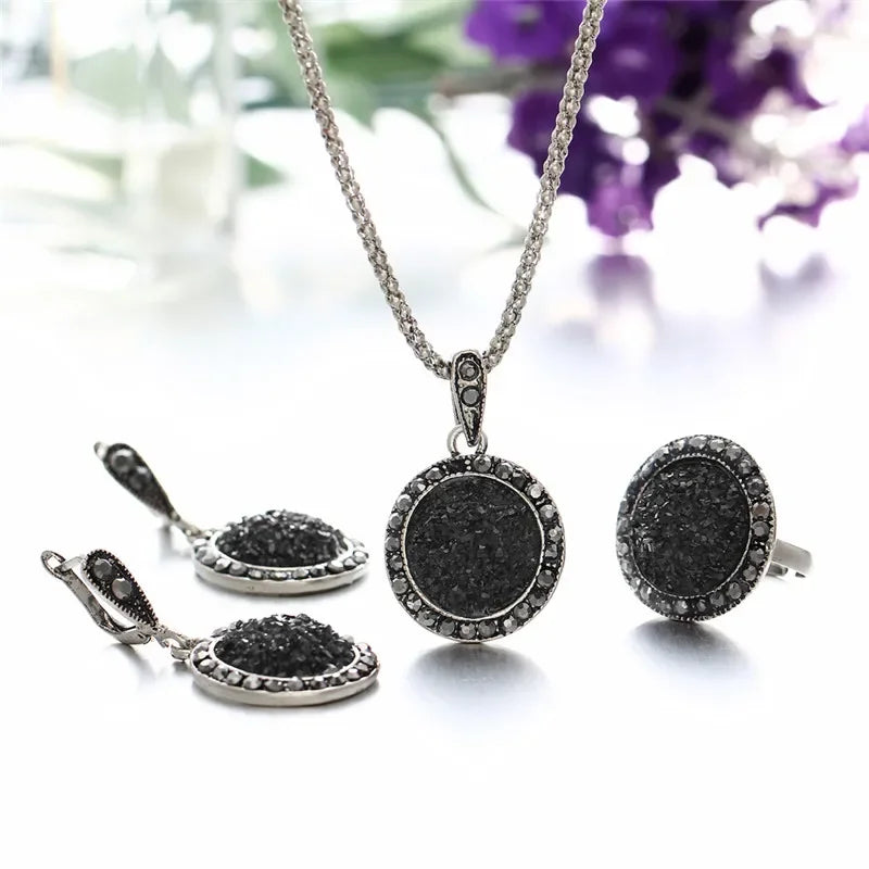 Fashion Black Ring Necklace Earrings Set Sparkling Charm Crystal