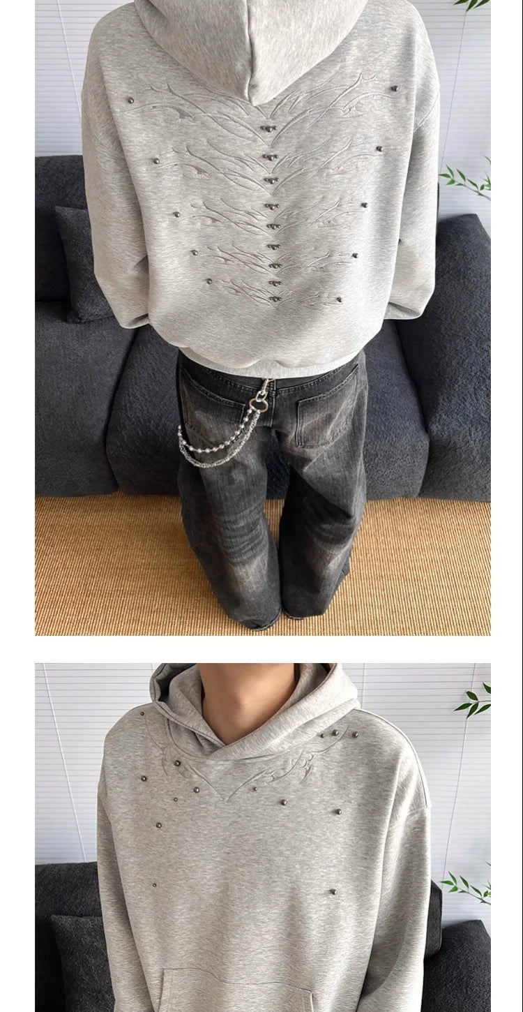 American Retro Spine Embroidered Metal Rivet Pullover Hooded Sweatshirt Men Women High Street Hip-Hop Loose Casual Streetwear