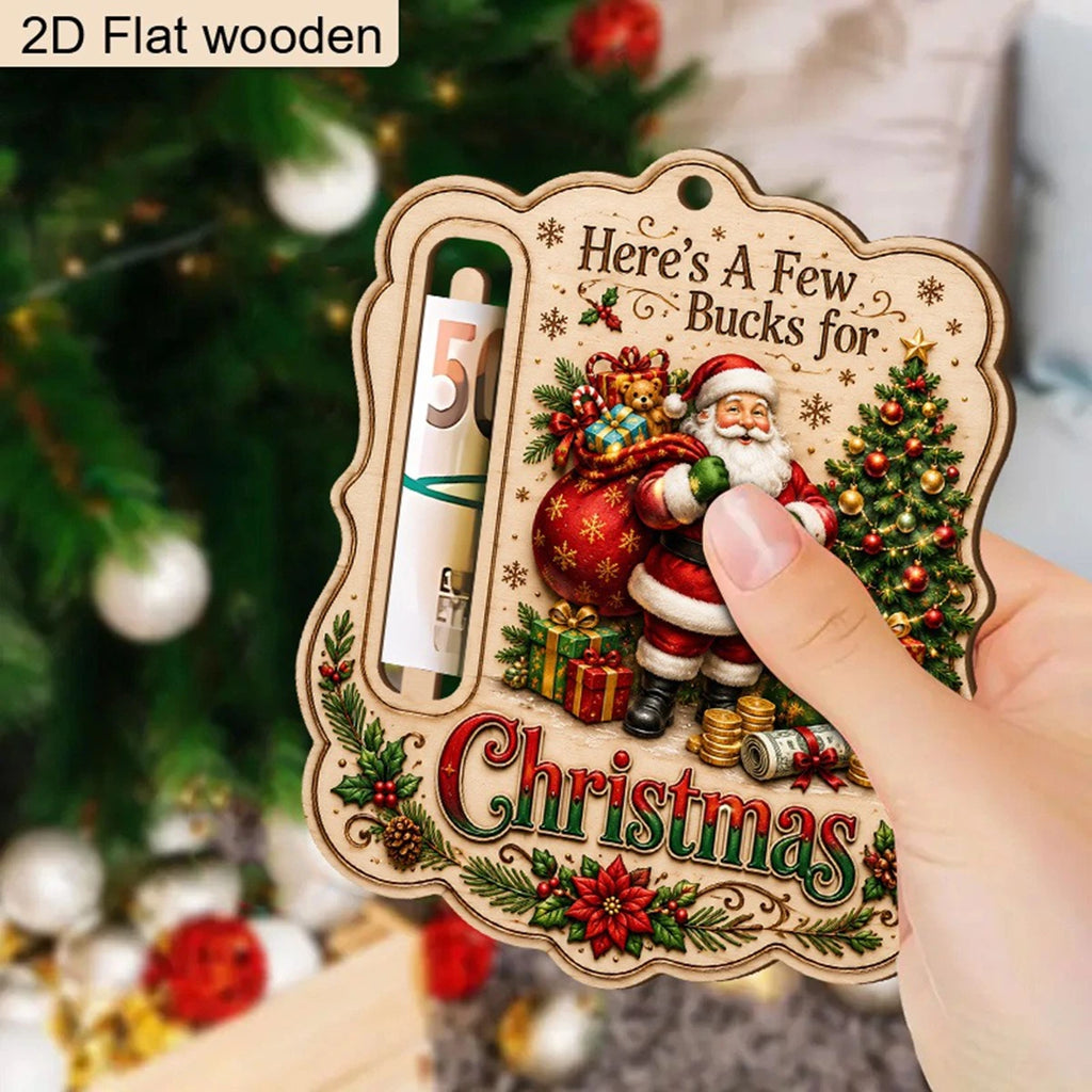 Christmas Wooden Money Holder Ornament 2D Flat Santa Claus Cash Holder Hanging Decor Here's A Few Bucks For Christmas Tree Decor
