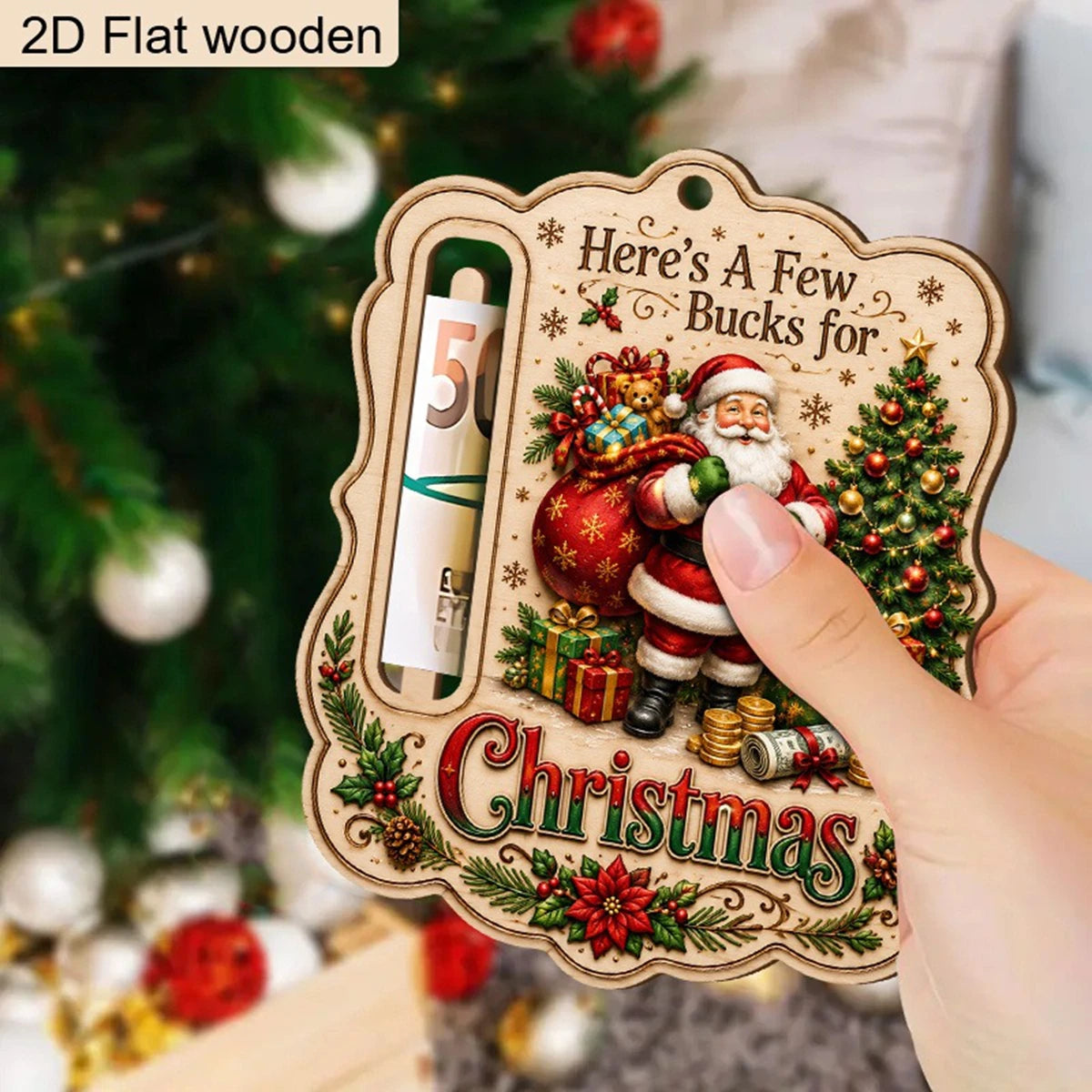 Christmas Wooden Money Holder Ornament 2D Flat Santa Claus Cash Holder Hanging Decor Here's A Few Bucks For Christmas Tree Decor