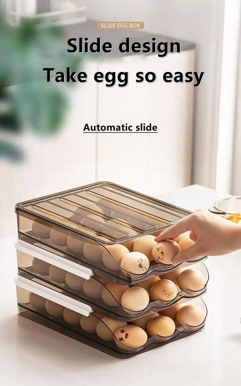 Automatic Slide Egg Storage Box Transparent Drawer, Stackable Rolling Eggs Rack Egg Tray Holder Basket, Kitchen Fridge Organize