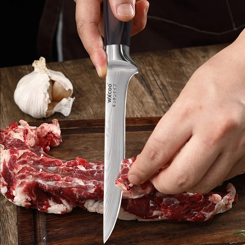 WXCOO Japanese Knife Set with Knife Bag Kitchen Knives Damascus Laser Fish Fillet Meat Cleaver Fruit Peeler Santoku Cutter