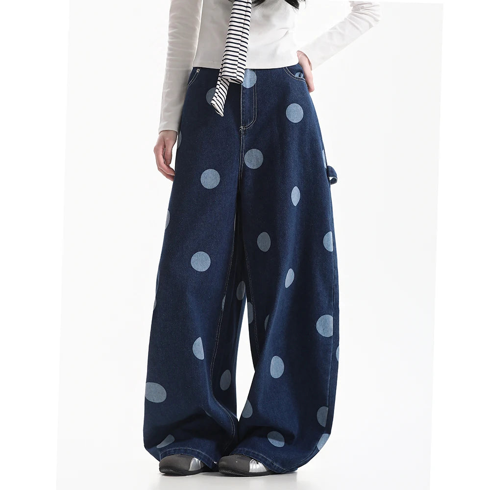 American Vintage Blue Polka Dot Jeans for Women Loose Wide Leg