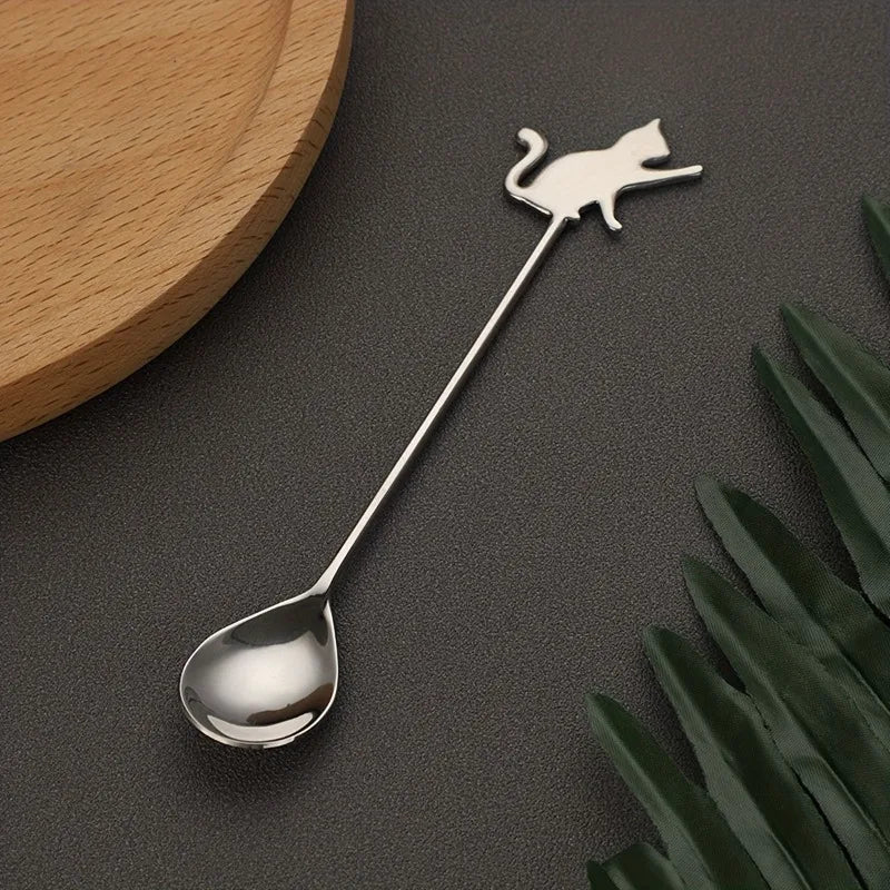 2pcs, Dessert Spoon, Stainless Steel Coffee Spoon, Cute Milk Spoon, Kawaii Cat Stirring Spoon, Reusable Ice Cream Spoon