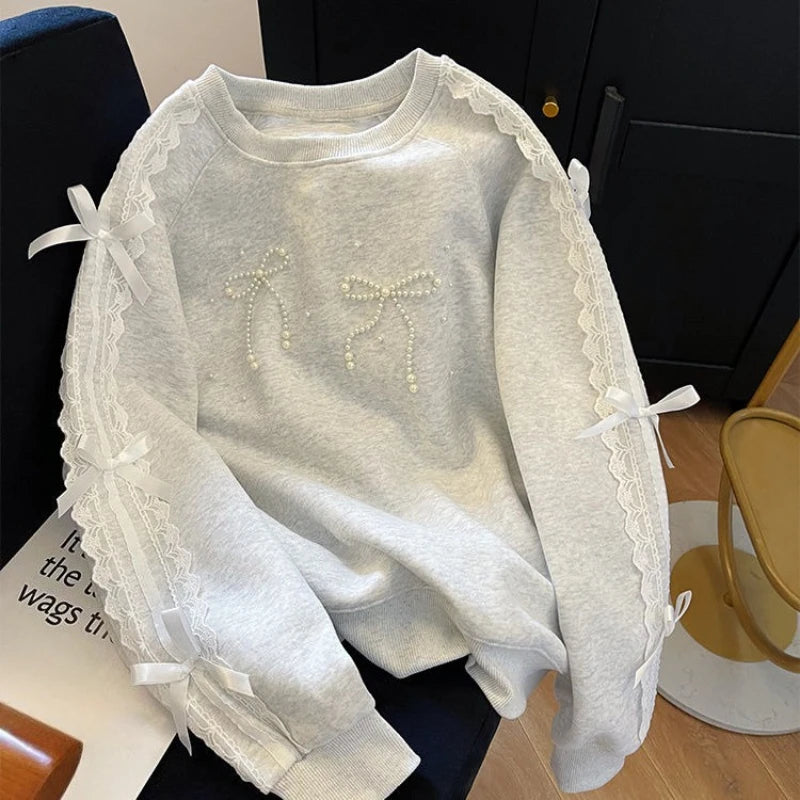 Grey Woman Pullover Tops Lace Emo Cotton Y2k Style New in Dropshiping Vintage 2025 Trend Basic Matching Bow Sweatshirt for Women