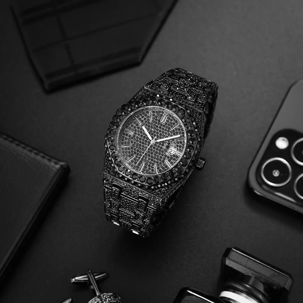 Iced-Out Black Rhinestone Men's Quartz Watch