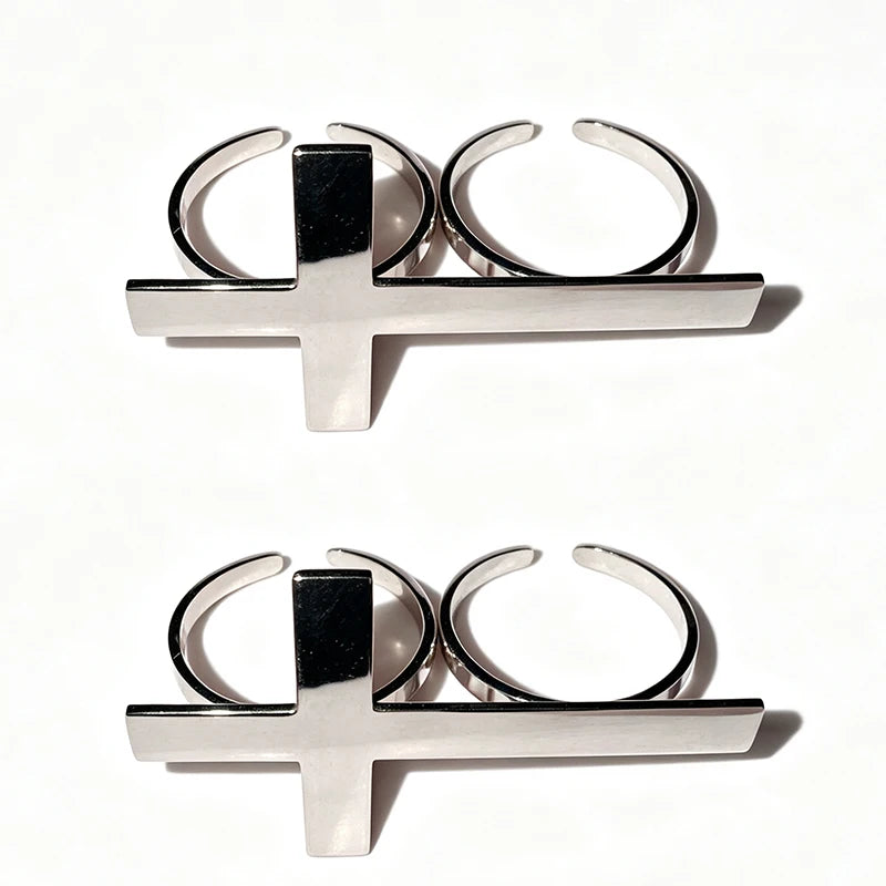 Vintage Y2K Fashion Double Circle Cross Ring Finger Crossed Punk