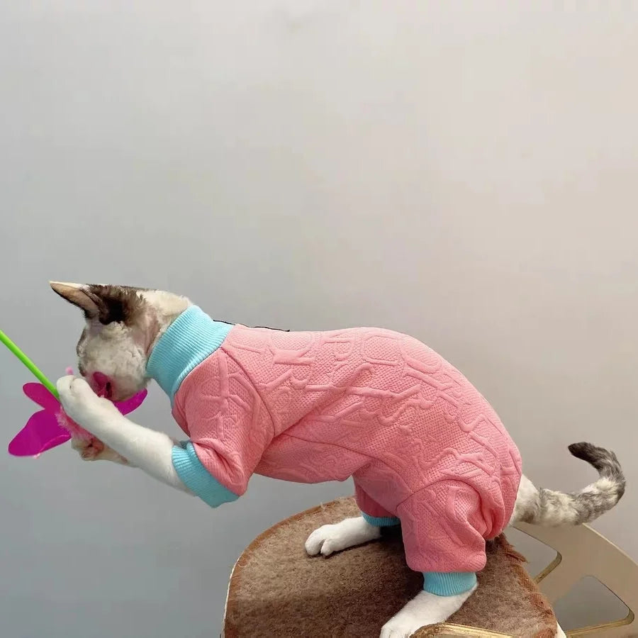 Sweet Spring Elegant Pink Suit for Sphynx Cat 4-legged Coat Hat Tail Cover Sweatshirt Set for Female Cats Jumpsuit for Devon Rex