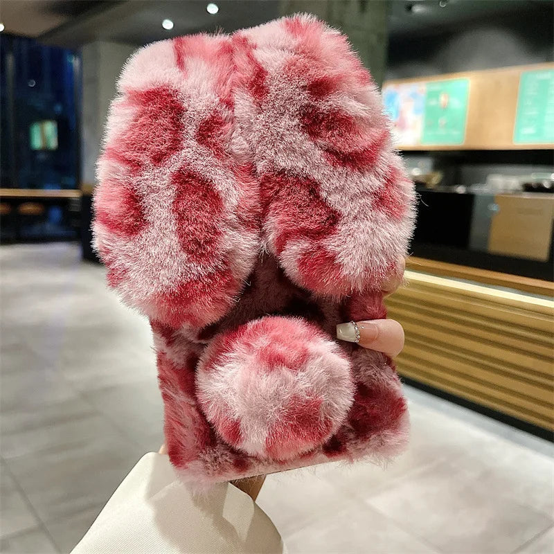 Cute Cartoon Leopard Print Bunny Fur Plush Phone Case For iPhone 17 Air 16 13 12 11 Pro Max XS XR X 7 8 Plus Shockproof Cover