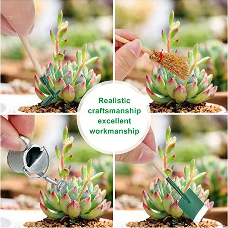 8PCS Miniature Dollhouse Fairy Garden Tools Mini Furniture Broom Kettle Street Lamp Rubber Boots Spade Pestle Rake Ornament Deco