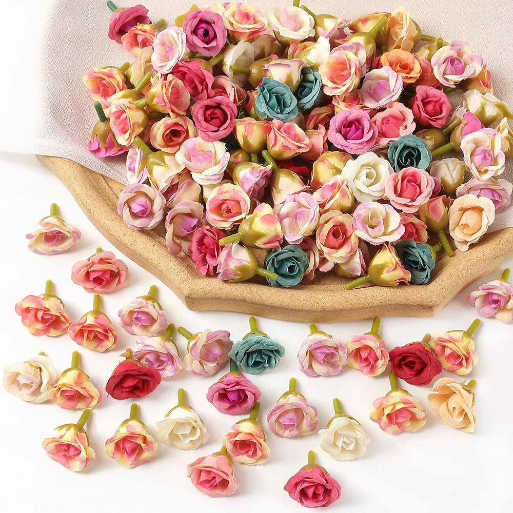100Pcs Mini Silk Rose Artificial Flowers Head Fake Flowers For Home Decor Wedding Decoration DIY Bride Wreath Gifts Accessories