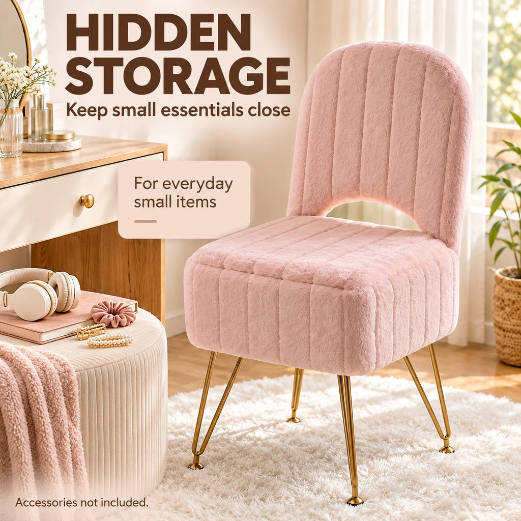 Pink Storage Vanity Chair with Adjustable Folding Backrest Memory