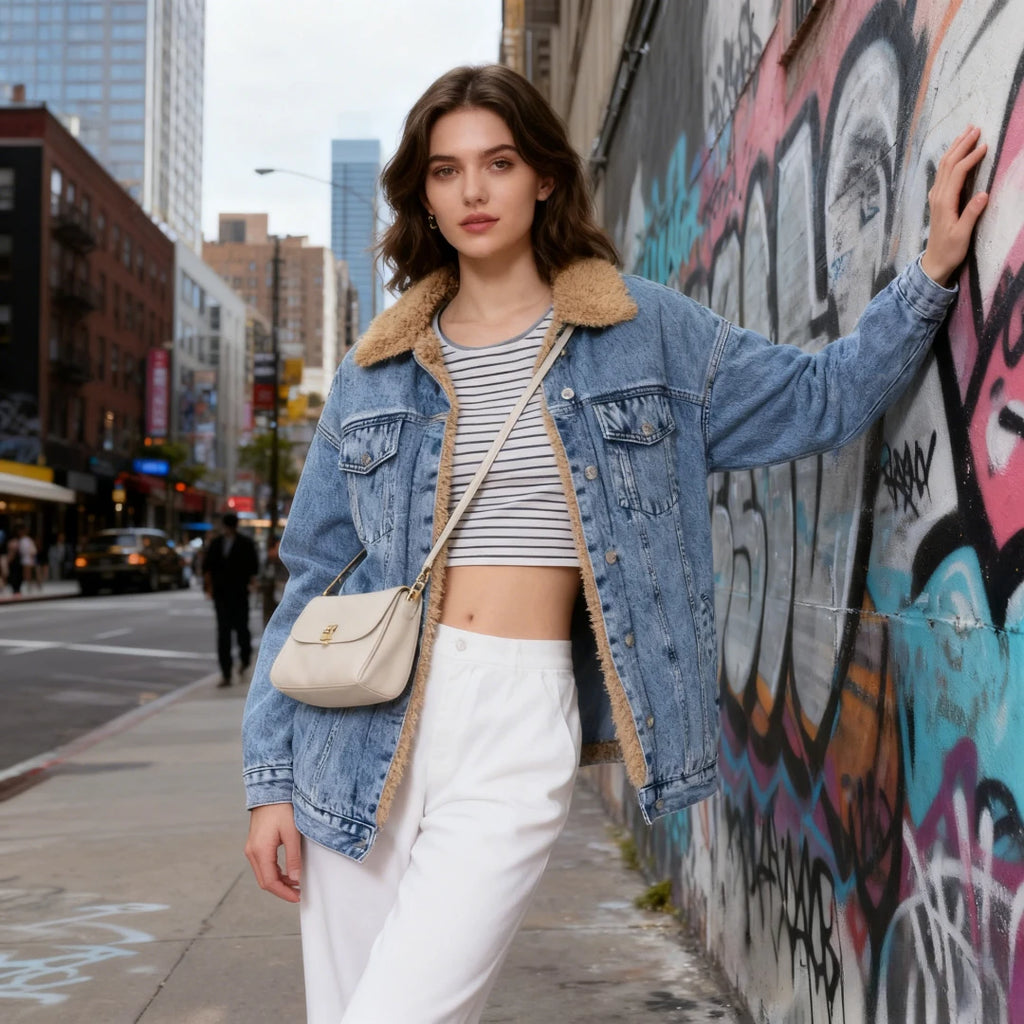 Moto Biker Jeans for Women Quilted Denim Coat Solid Fleece Jacket Turn Down Collar Single Breasted Straight 2025 Autumn Winter