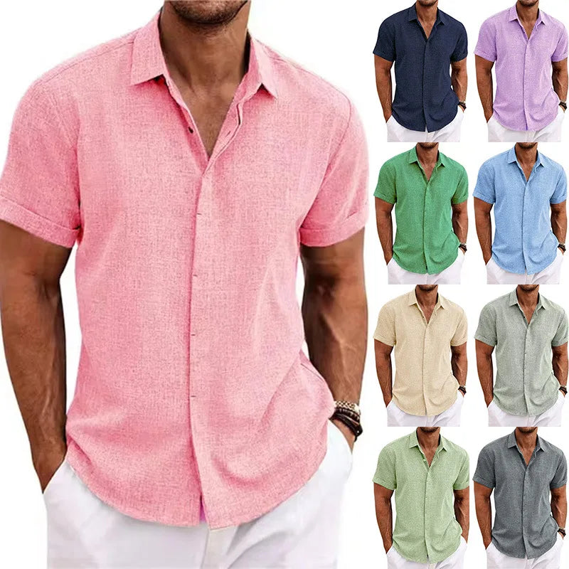 Men's Cotton Linen Short Sleeved Shirt Summer Casual Camisas