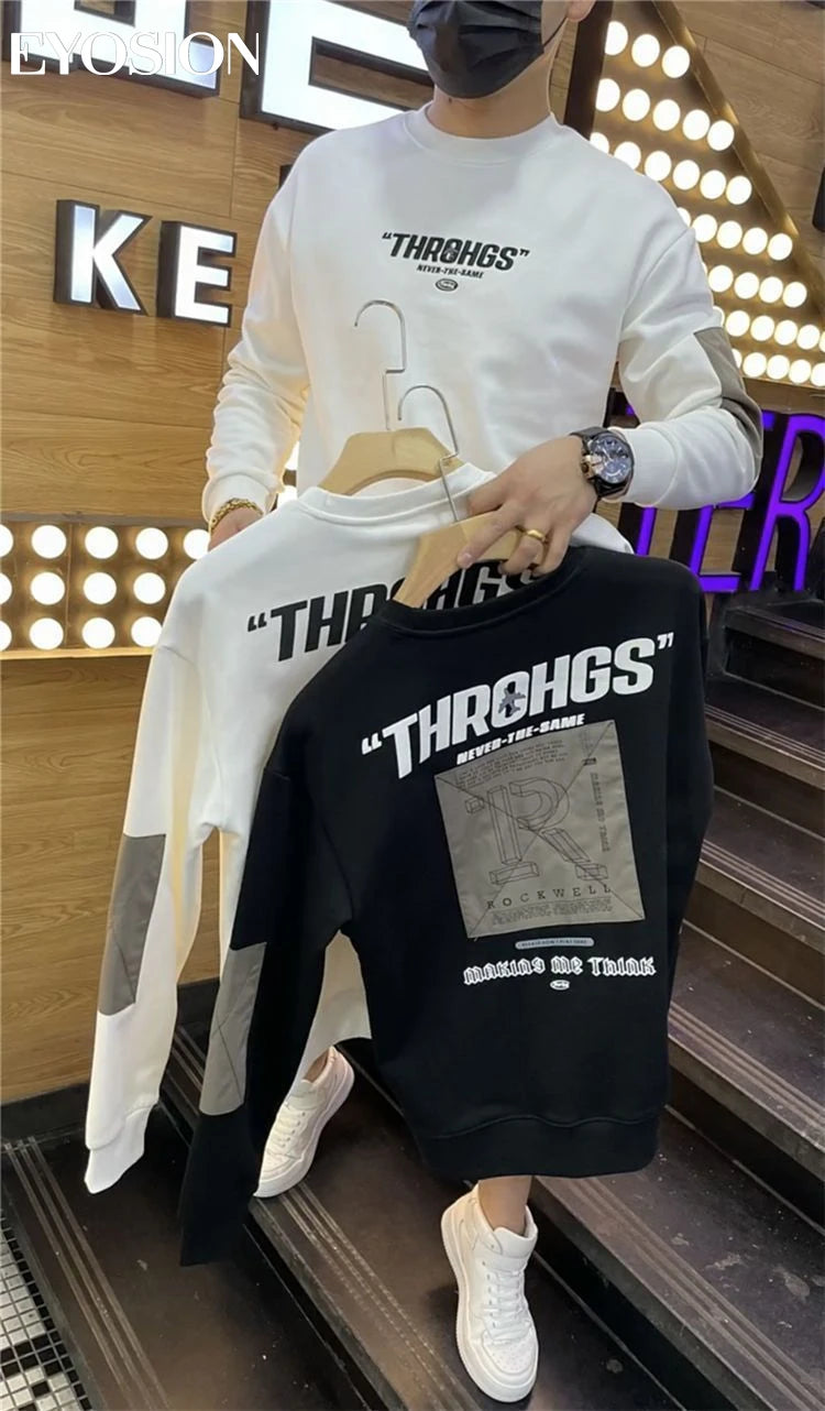 Autumn Youth Men's Sweatshirt Pullovers Letter Print Round Neck Slim Fit Thicken Hoody Long Sleeve Casual Sweatshirt Male Tops