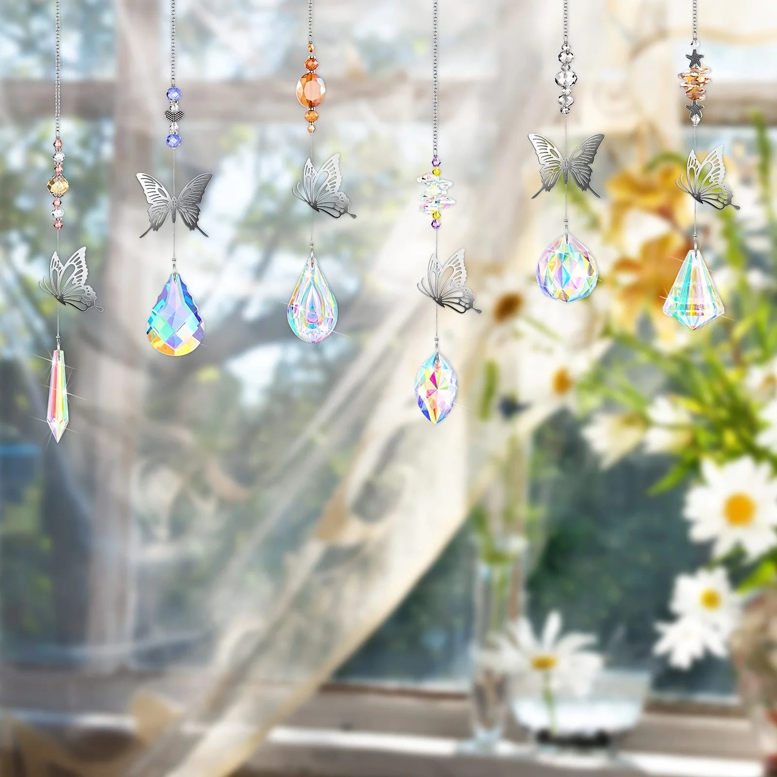 7 Pieces Crystals Suncatcher Butterfly Sun Catchers Colorful Crystal Chandelier Pendant Hummingbird Wall Hanging Tree Window