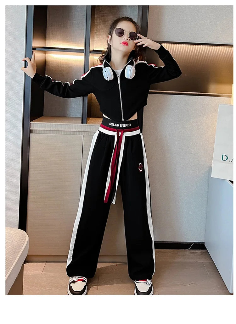 Spring Autumn Girl Striped Cropped Full Zip Sweatshirt+Loose Drawstring Sweatpant Set School Kids Tracksuit Child Outfit 3-16Yrs