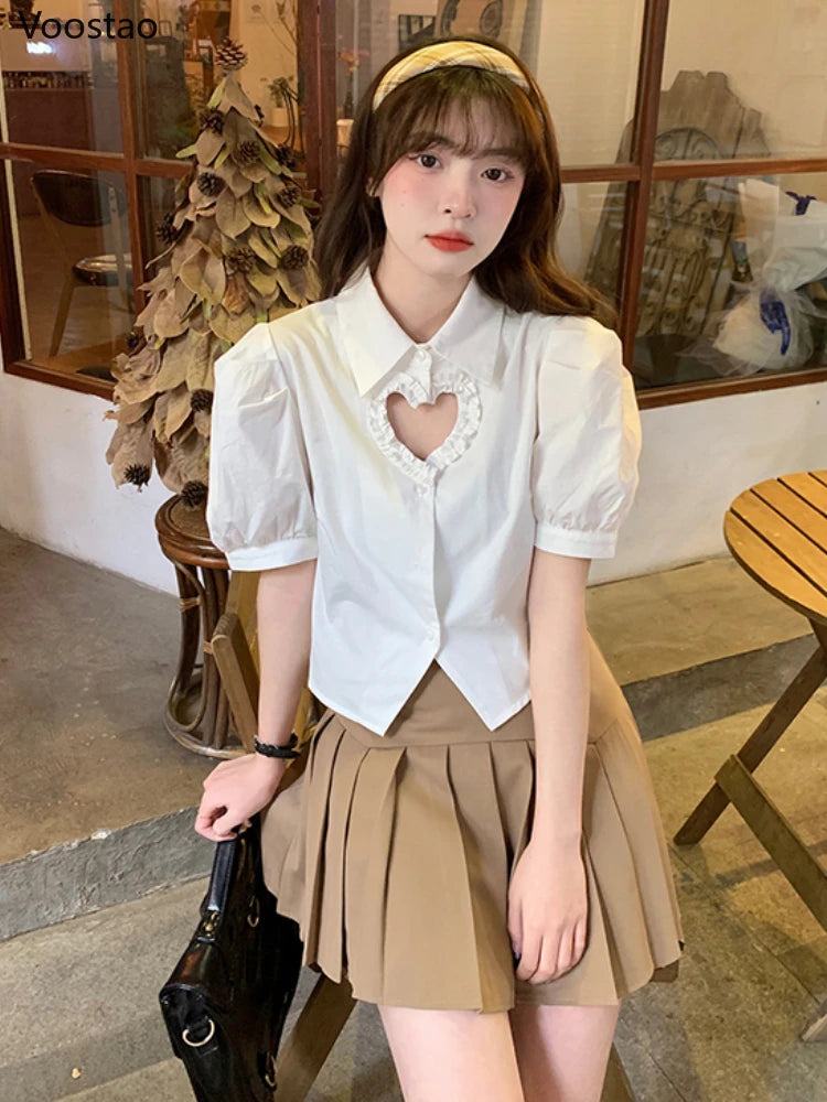 Sweet Lolita Style Blouses White Hollow Out Ruffles Heart Crop