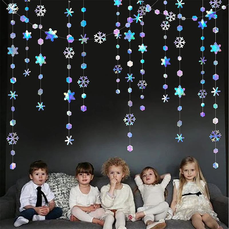 4M Iridescent Christmas Hanging Snowflakes Decor Garlands Winter Wonderland  Paper Snowflake Streamer Birthday Party Supplies ﻿
