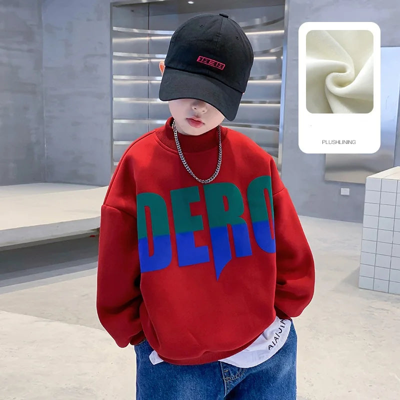 Winter Boys Warm Fleece Lined Half Turtleneck Alphabet Sweatshirt School Kids Track Pullover Coat Tops Child Work Jumper 3-16Yrs