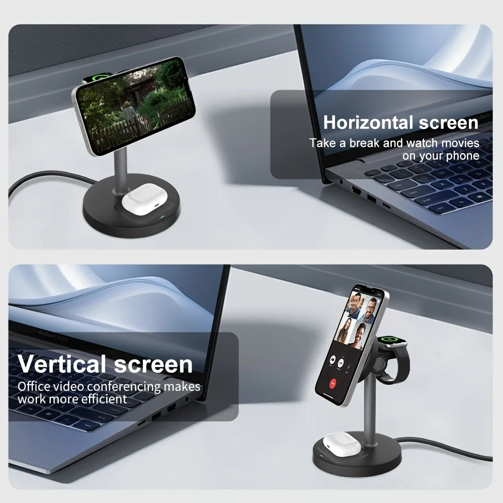 3 In 1 Magnetic Wireless Charger Adjustable Stand For iPhone 16 15 14 13 Pro Max iWatch 10 9 8 AirPods Pro Fast Charging Station