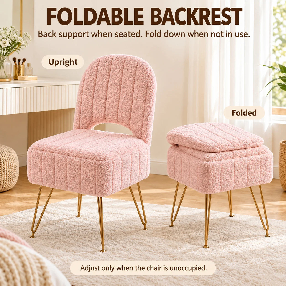 Pink Storage Vanity Chair with Adjustable Folding Backrest Memory