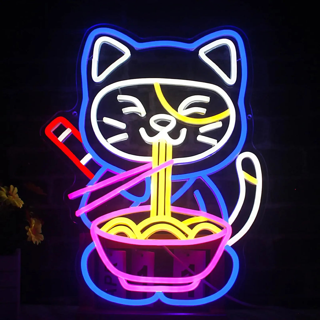 Ramen Cat Neon Sign, Bright LED for Restaurant and Cafe Decor, Japanese Kitchen Wall Art, Cat Lover Gift, Party Decoration