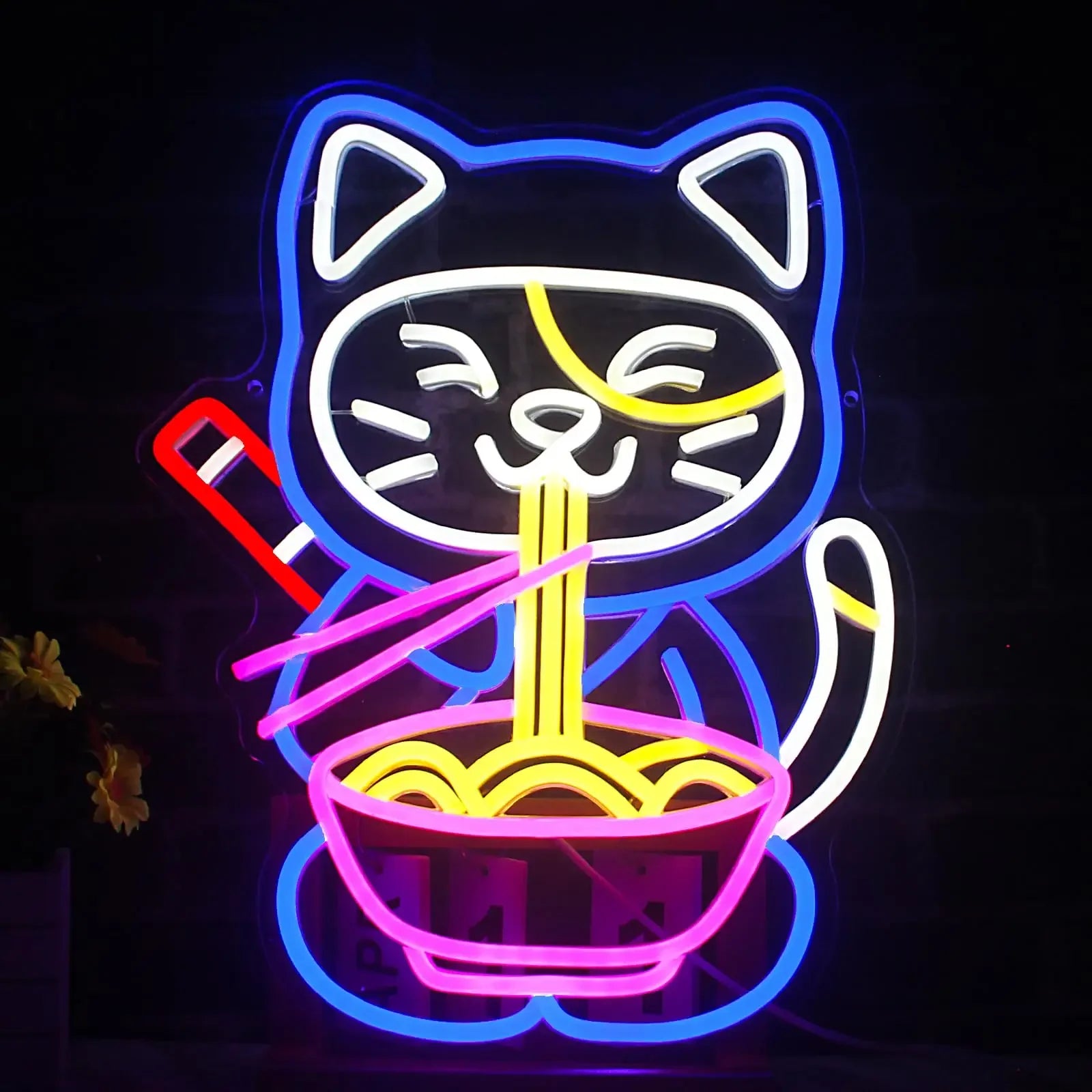 Ramen Cat Neon Sign, Bright LED for Restaurant and Cafe Decor, Japanese Kitchen Wall Art, Cat Lover Gift, Party Decoration