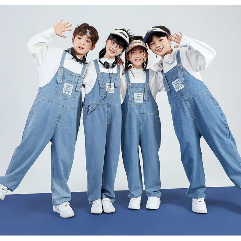 Boys Hip Hop Solid Sweatshirt Denim Loose Overalls Girls Crop Top Kids Dungaree Child Jumpsuit Street Dance Romper Streetwear