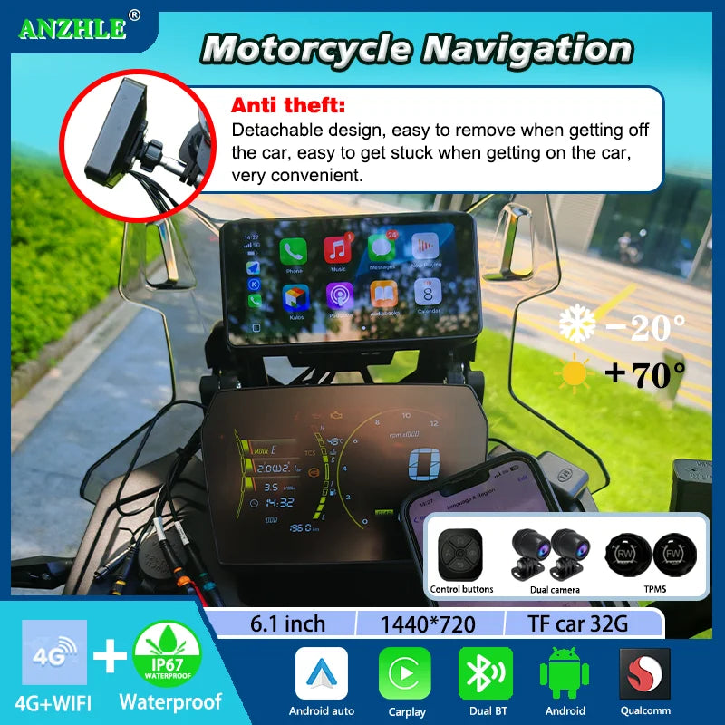 6.1 inch Motorcycle GPS Navigation IP67 Waterproof Wireless Carplay