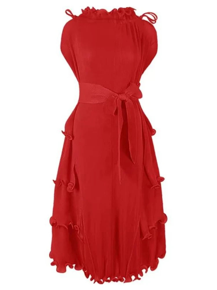 EGRM 2026 New Miyake Pleated Women Dress Solid Agaric Lace Bottom Skirt with Belt Loose Fashion Female Clothing Summer 8RM2715