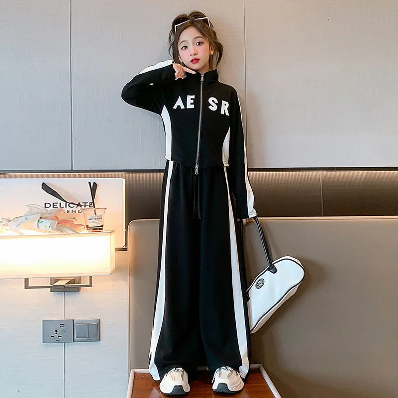 Girls Patchwork Alphabet 2-Way Zip Sweatshirt Jacket+Sweatpant Workout Set School Kids 2PCS Tracksuit Child Jogger Outfit 7-16Yr
