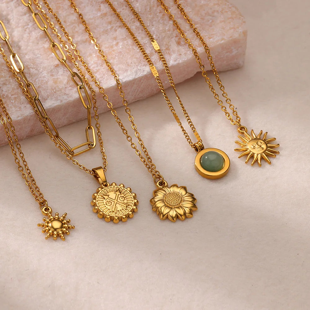 Stainless Steel Geometric Necklace For Women Fashion Sun Sunflower