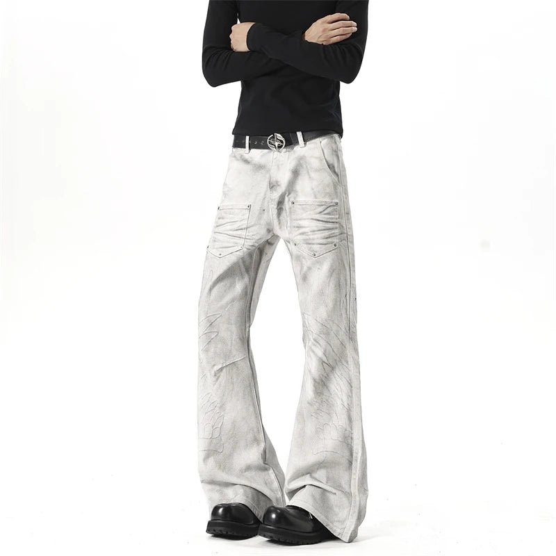 IEFB Men White‑Grey Washed Flare Jeans Embossed Pattern Rivet