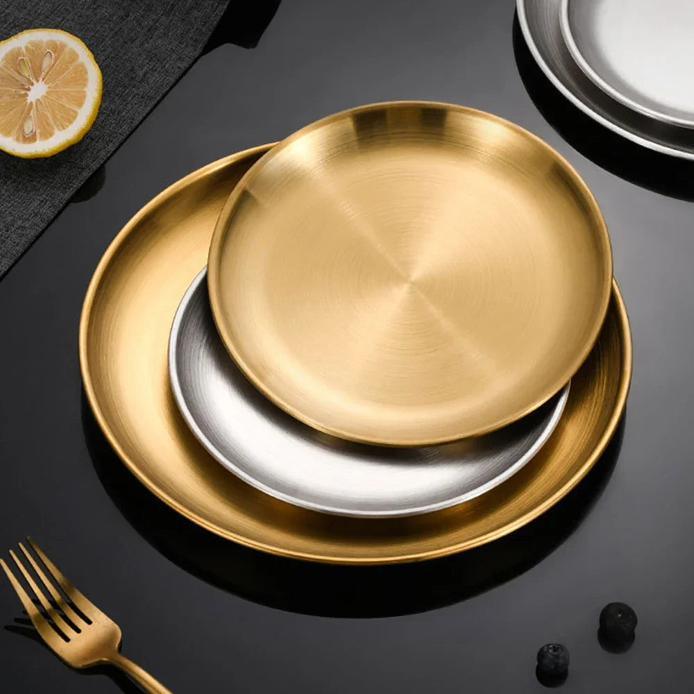 8PC Metal Dining Dish Stainless Steel Round Plate Shallow