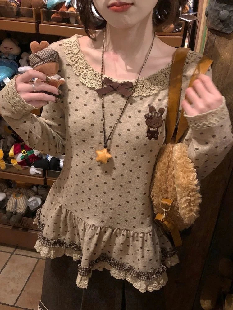 Harajuku Cute Print T-Shirts Women Beige Polka Dot Ruffle Hem Tees