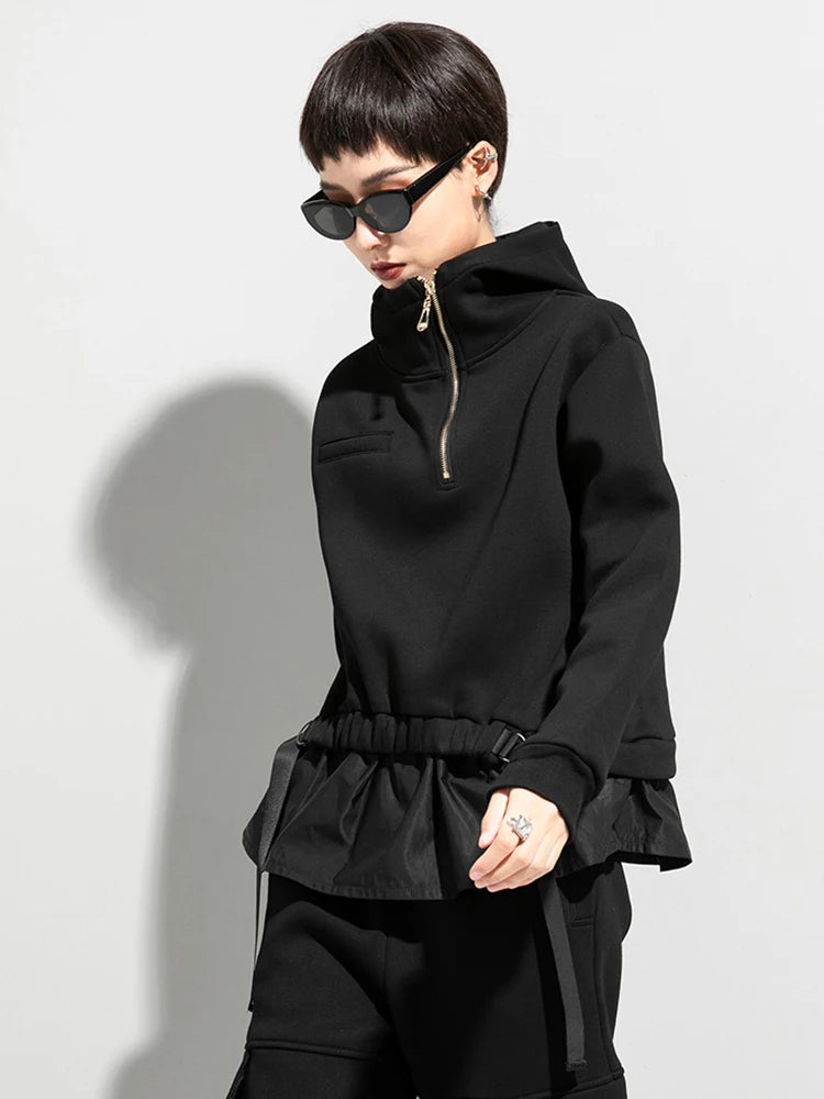 [EAM] Loose Fit Ruffles Spliced Sweatshirt New Hoooded Long Sleeve Women Big Size Fashion Tide Spring Autumn 2026 1DD2569