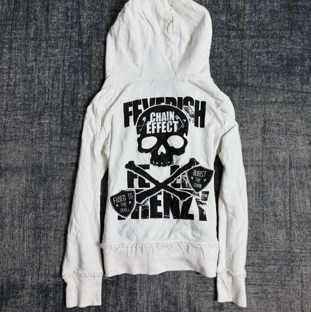 White Womens Autumn Winter Jacket Y2K Gothic Emo Slim Fit Sweatshirt Rivet Zipper Hoodie Harajuku Vintage Skull Graphic Print