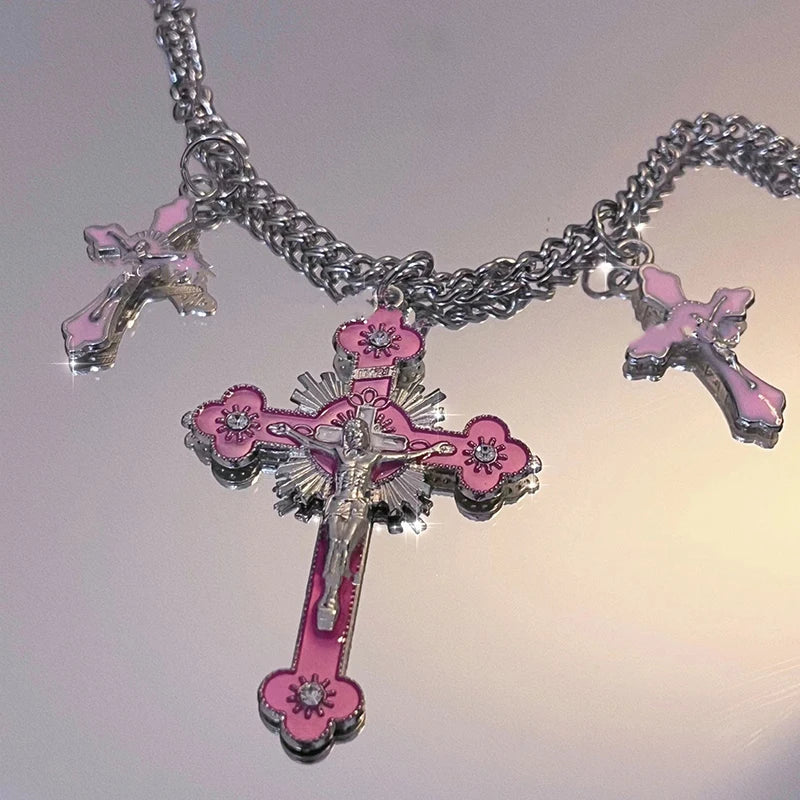 Fashion Gothic Pink Cross Necklace For Women Charm Y2K