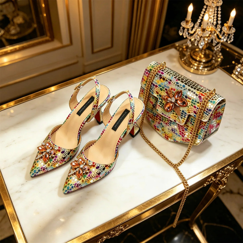 Venus Chan Elegant Rhinestone Heels &amp; Matching Bag Set