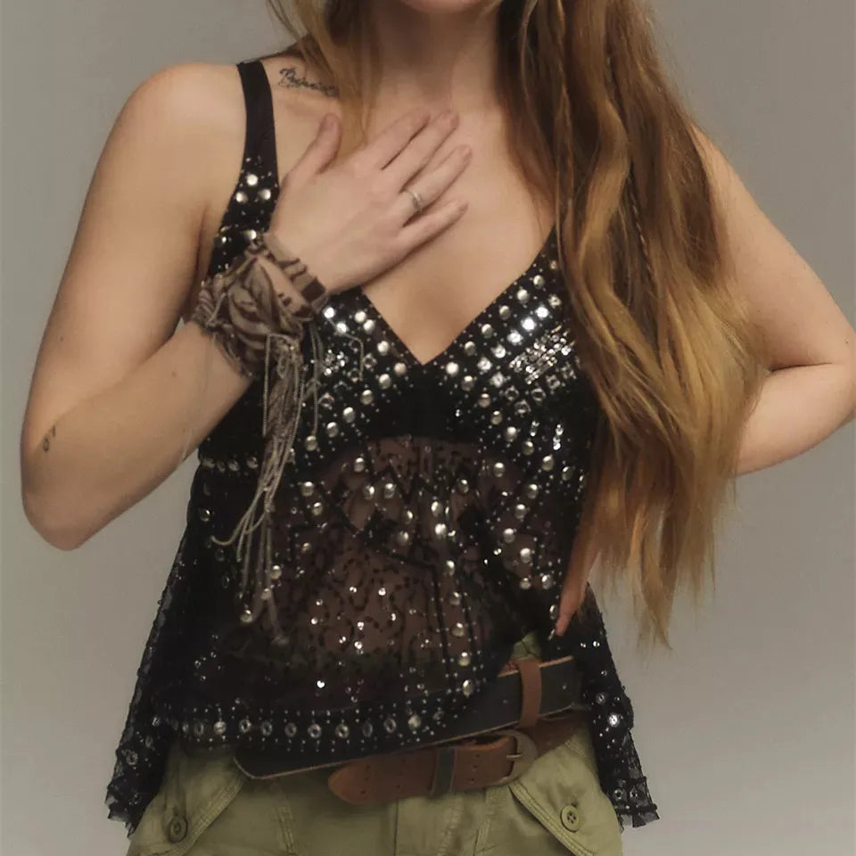 Women Y2k Sequin Mesh Tank Top V Neck Beaded Halter Cami Crop - - 2