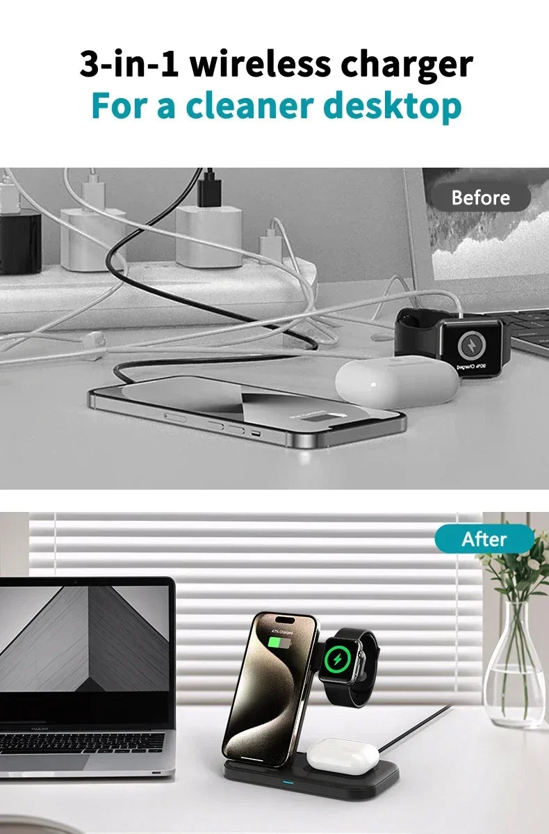 3 in 1 Wireless Charger Foldable Fast Charging Dock Stand For iPhone 17 16 15 14 13 12 Pro Max iWatch 11~2 Ultra SE AirPods 4 3