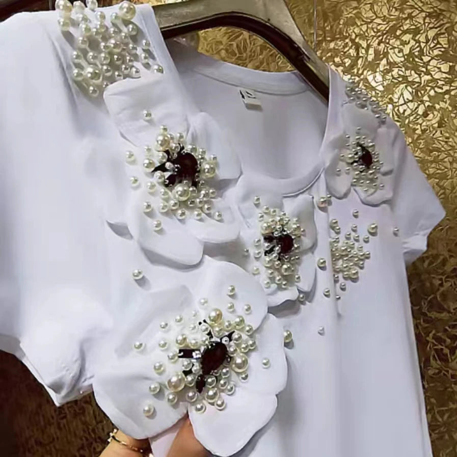 In Y2K Clothes Luxury Embroidered Flares White Cotton T Shirts for