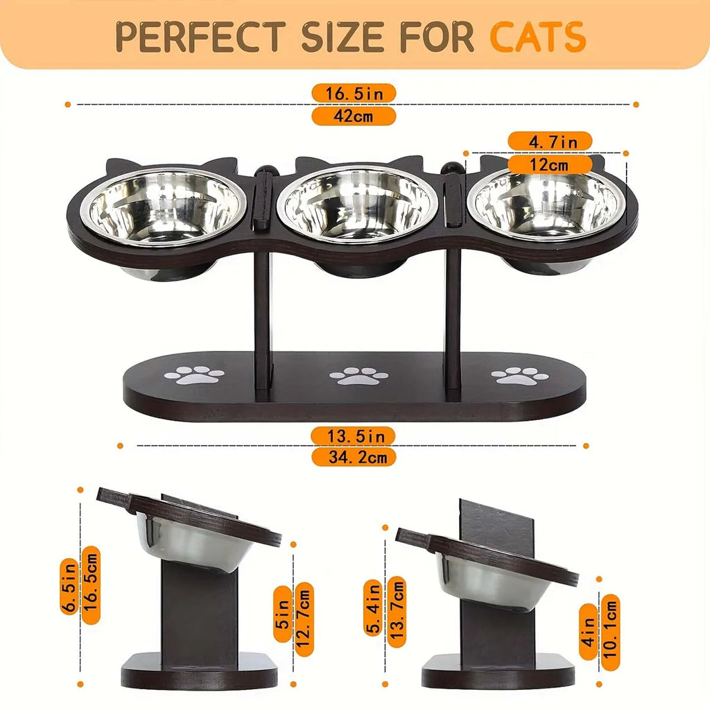 Elevated Cat Bowls Raised Cat Food Bowls 15° Tilted Pet Bowl With 3 Stainless Steel Bowls Wood Bracket For Cats Puppy Small Dogs