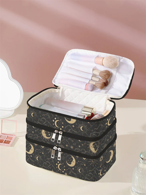 1Pc, Moon and Star Pattern 3-Layer Cosmetic Bag, Multi-Functional Makeup Management Bag, Bathtub Shower, Wallet, Portable Cosmetics, Lipstick, Brush, Skin Care Organizer 1Pc, Starry Sky Pattern 3-Layer Cosmetic Bag, Multi-Fun