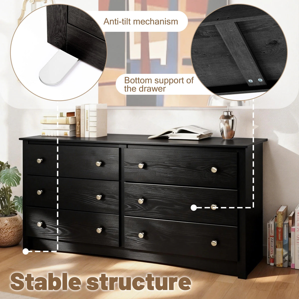 JHK 59IN Wood 6 Dresser Drawers Cabinet for Living