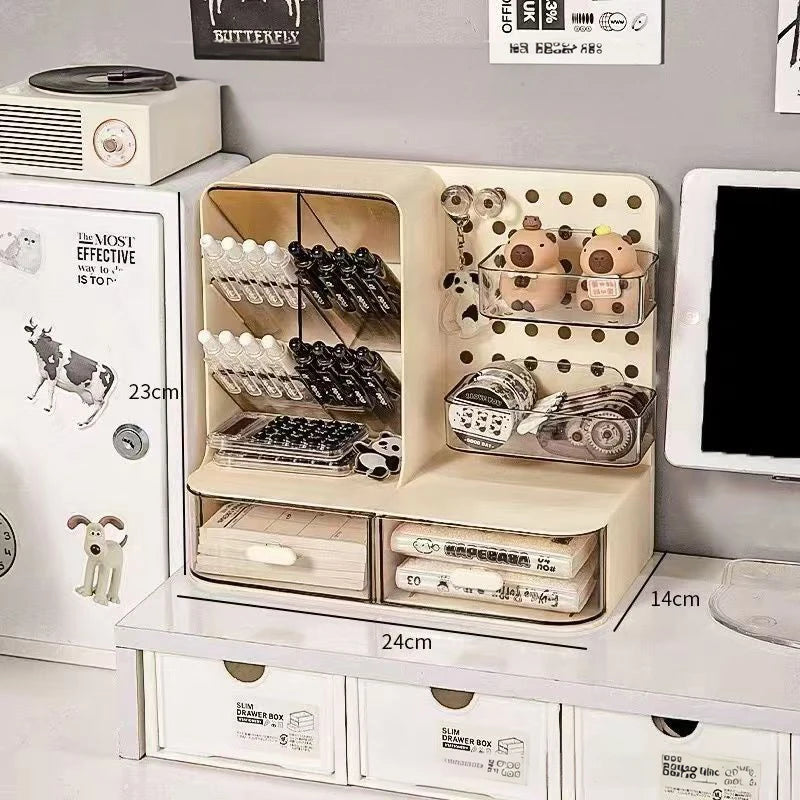 Adorable Desk Organizer with Hook Drawer,Hole Board,Card Display Stand,Desktop Storage Box,Stationery Storage Rack Cream Style