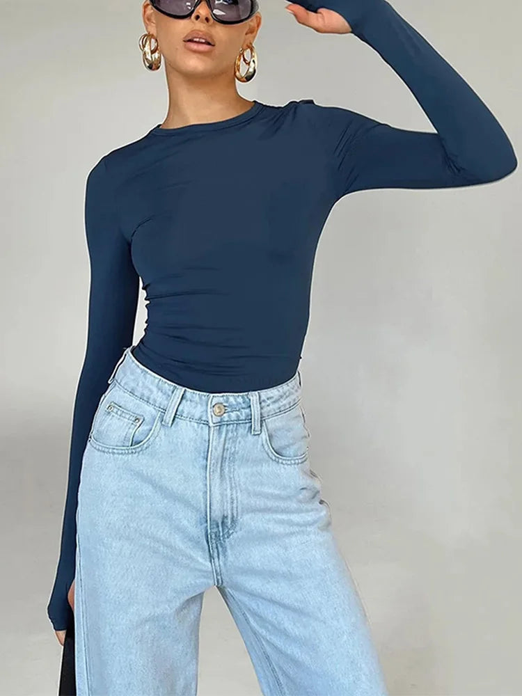 Fashion Women T-shirt Long Sleeve Crew Neck Solid Slim