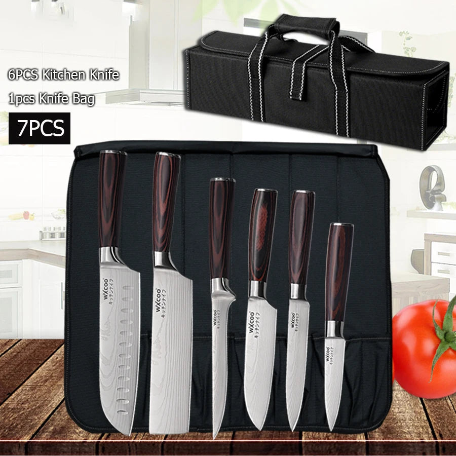 WXCOO Japanese Knife Set with Knife Bag Kitchen Knives Damascus Laser Fish Fillet Meat Cleaver Fruit Peeler Santoku Cutter