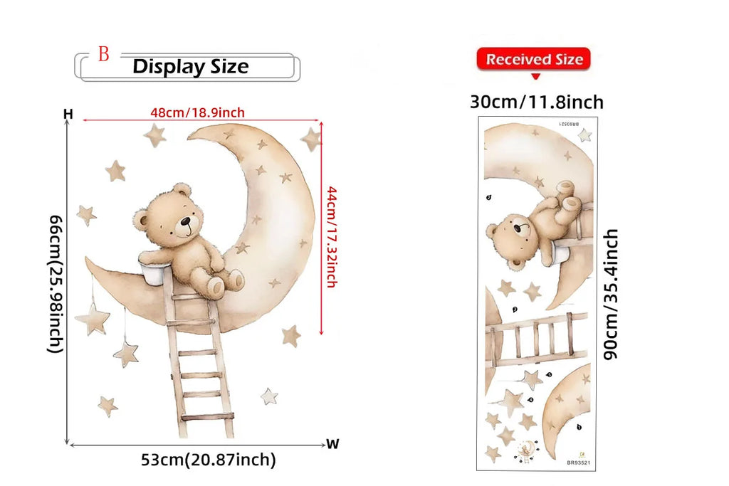 Cute Bear Moon Star Wall Stickers for Kids Rooms Girls Boys Baby Room Decoration Kawaii Cartoon Animal Nursery Wallpaper Vinyl